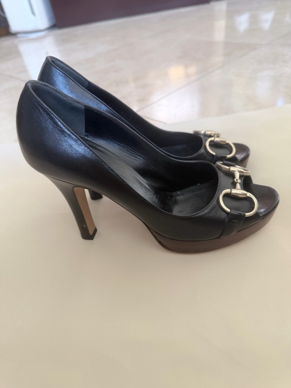 Gucci Black Leather Horsebit Peep-Toe Heels - Picture 2 of 4